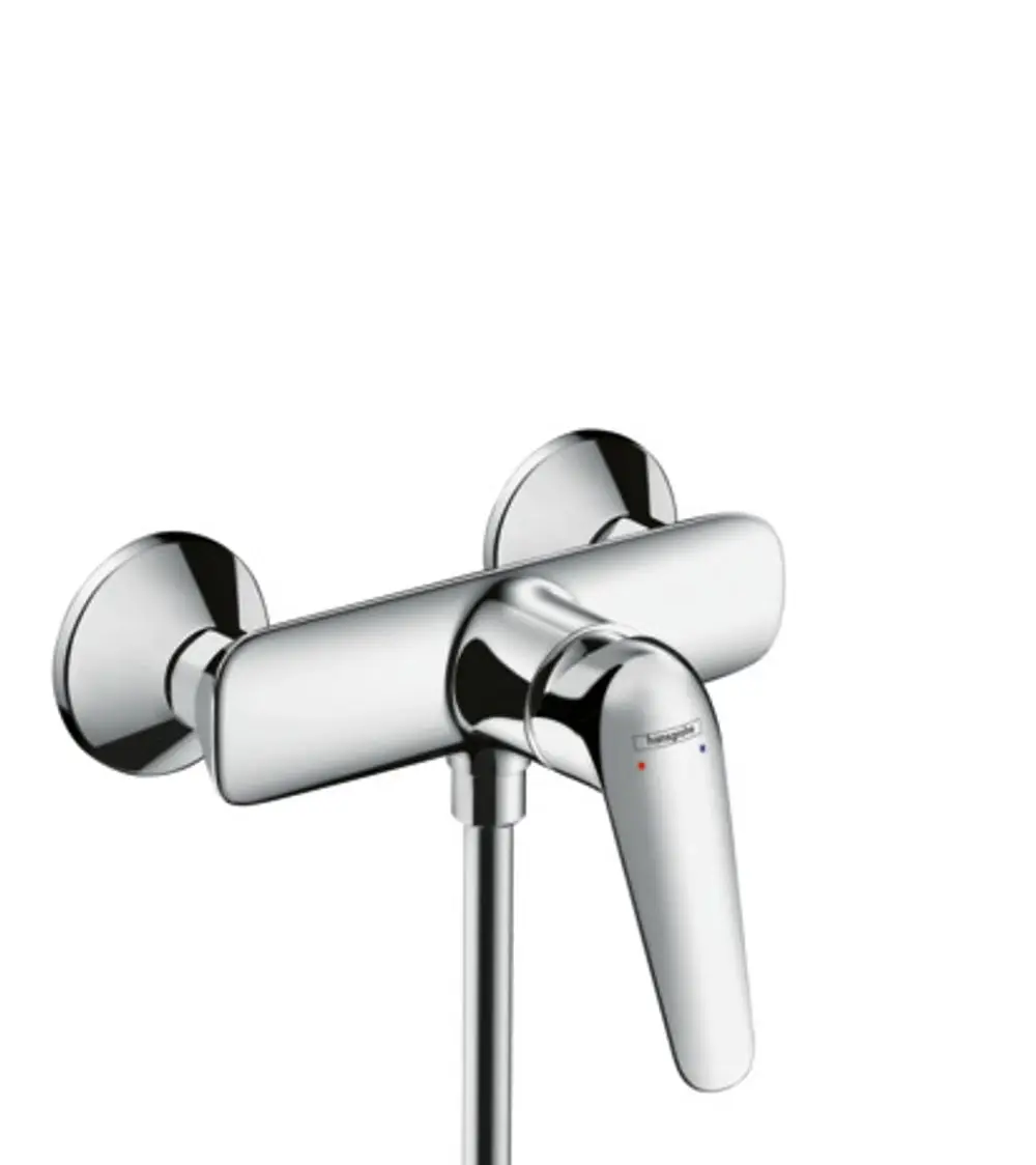 Einhebel-Brausemischer in verchromtem Finish, montiert an der Wand, mit einem schlichten Design und einer ergonomischen Bedienung von Hansgrohe.
